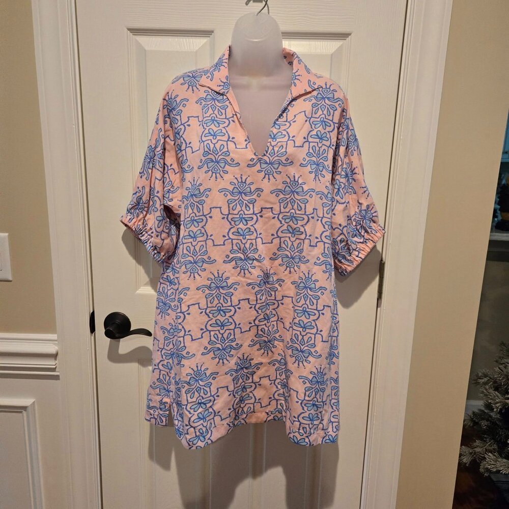 Emily McCarthy Pink Blue Poppy Bow Royalty Print V-Neck Linen Blend Dress Small